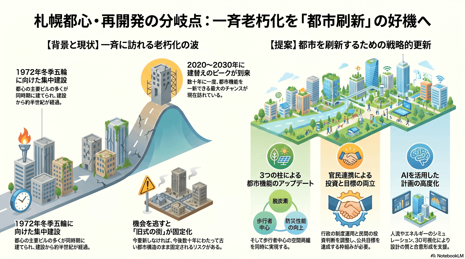 都心建物の一斉老朽化と建替えピークの要約インフォグラフィック