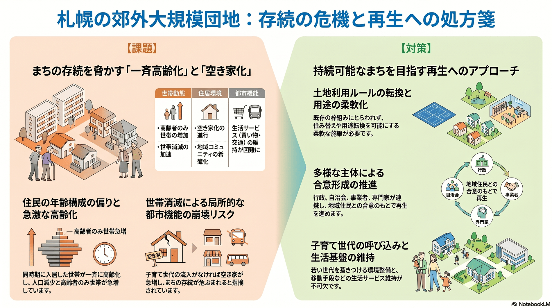 郊外大規模住宅団地の高齢化と再生の要約インフォグラフィック