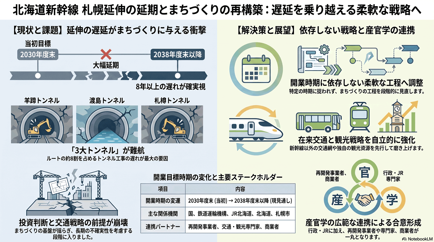 北海道新幹線札幌延伸の遅延の要約インフォグラフィック