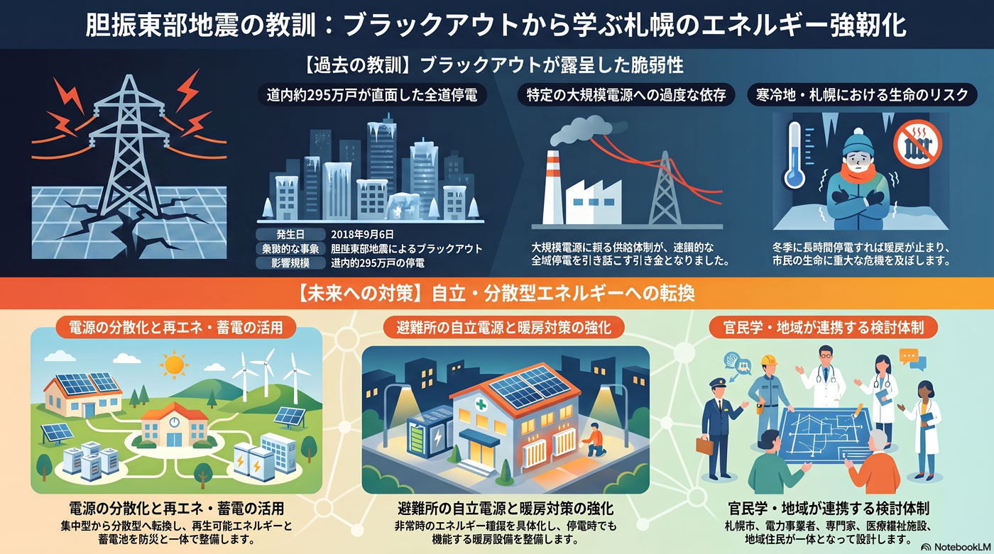 電力供給の脆弱性とブラックアウトの教訓の要約インフォグラフィック