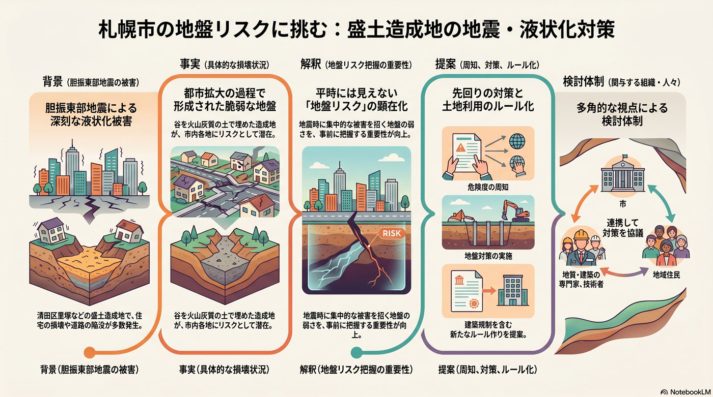 地盤災害への備え(液状化・地すべり)の要約インフォグラフィック