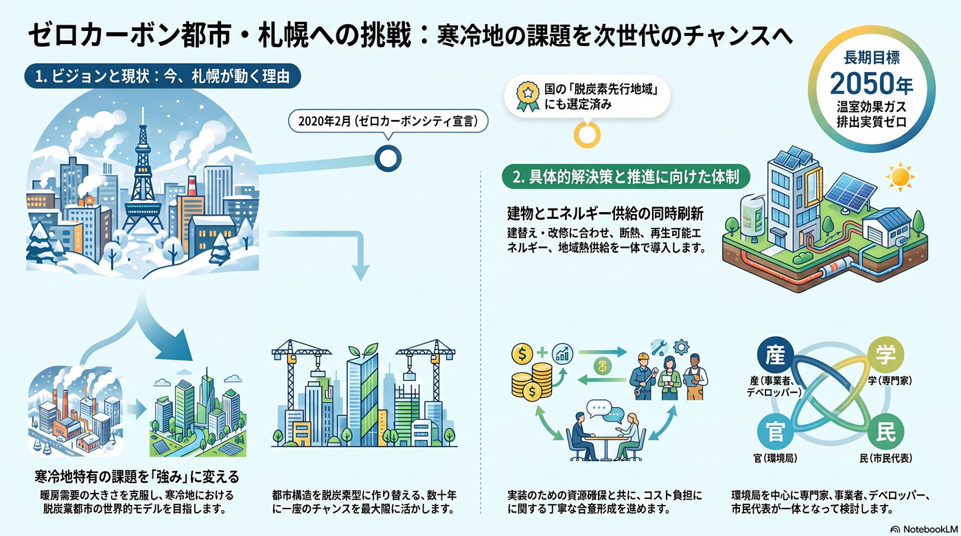 寒冷地の暖房脱炭素と熱供給の要約インフォグラフィック