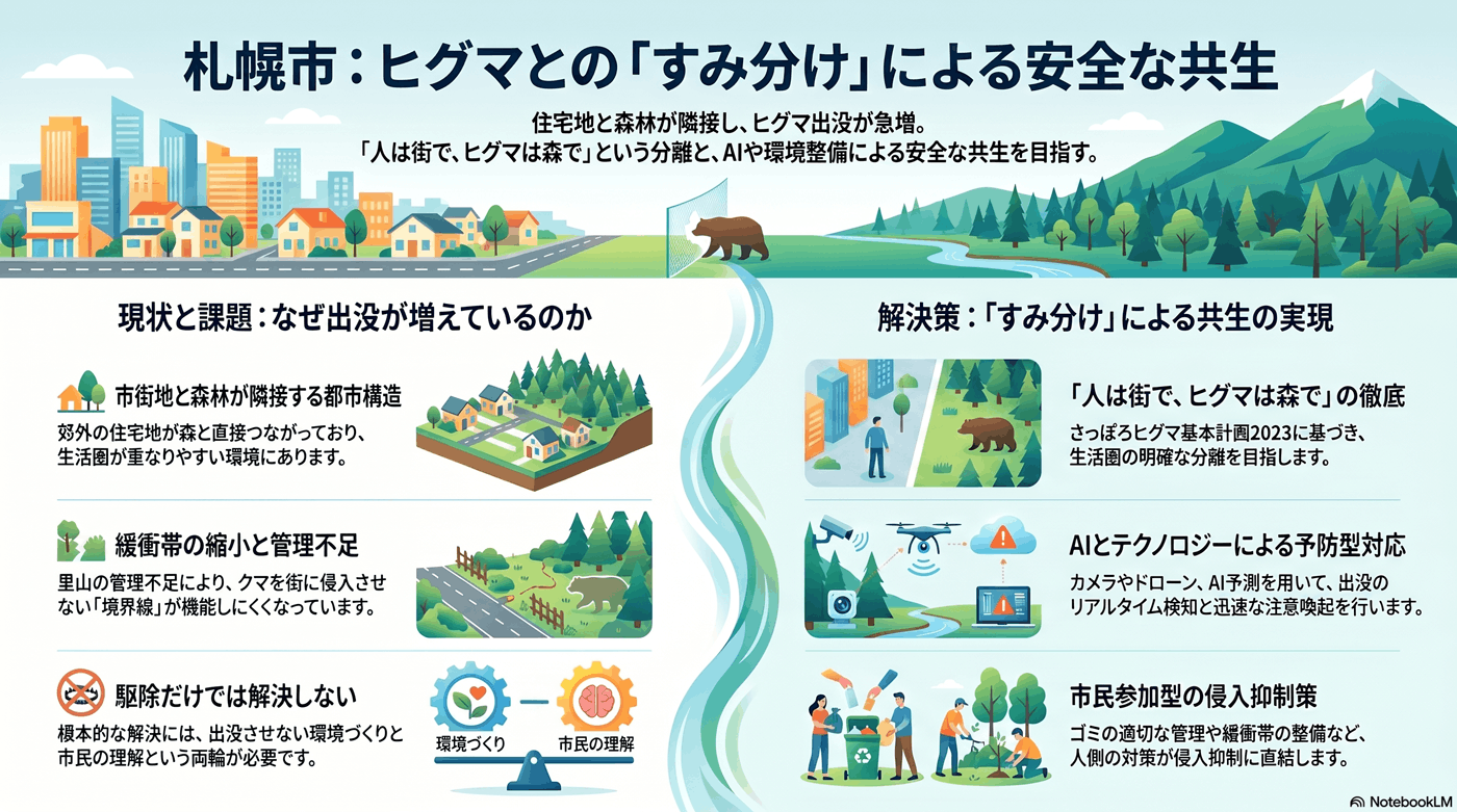 市街地へのヒグマ出没と人との共生の要約インフォグラフィック