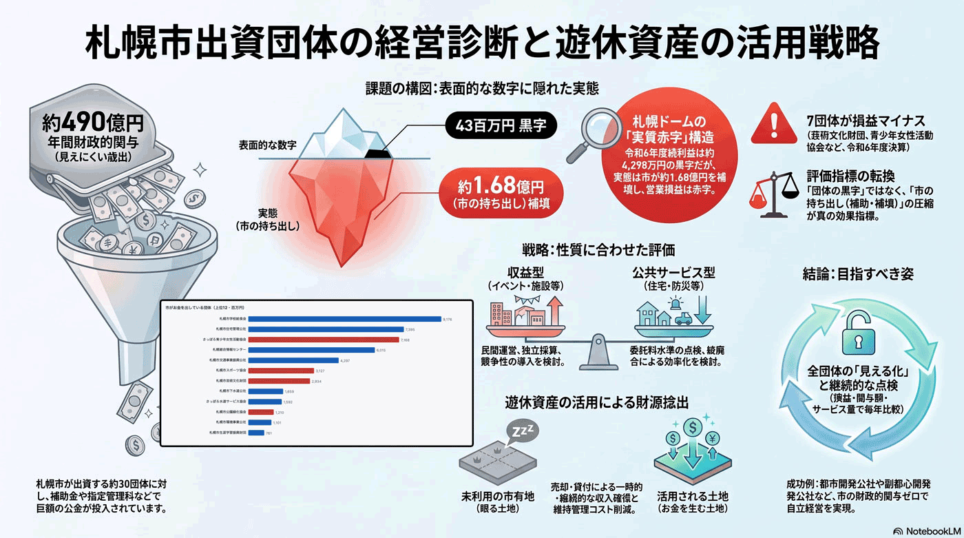 出資団体の経営と遊休資産の活用(見えにくい歳出と眠る資産)の要約インフォグラフィック