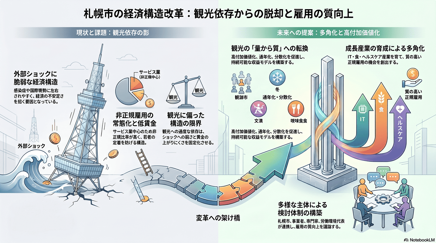 観光・サービス業依存と雇用の質の要約インフォグラフィック
