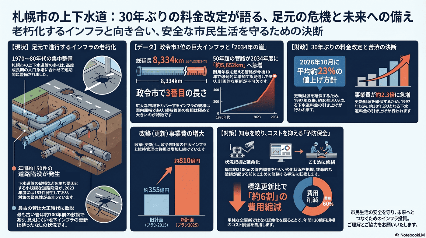 上下水道管の老朽化と料金改定の要約インフォグラフィック