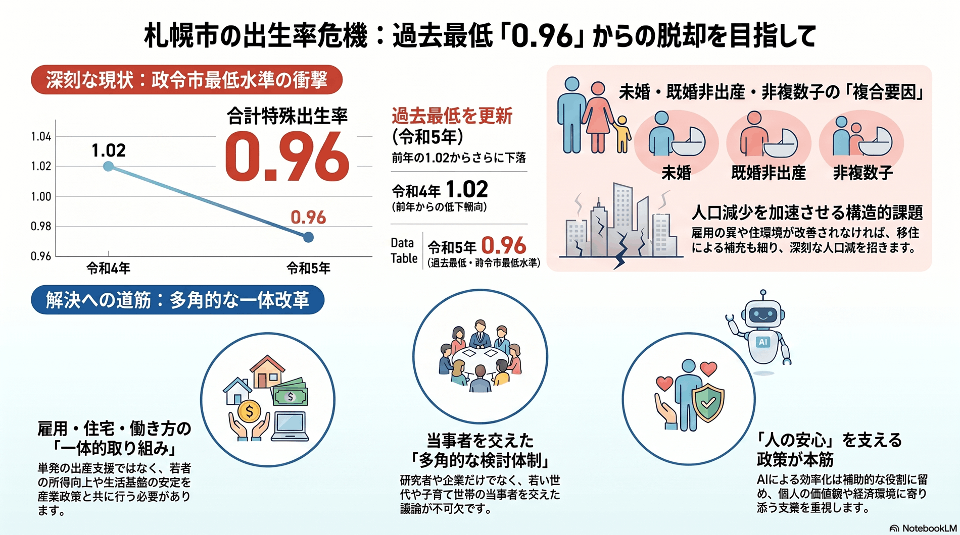 政令市最低水準の出生率の要約インフォグラフィック