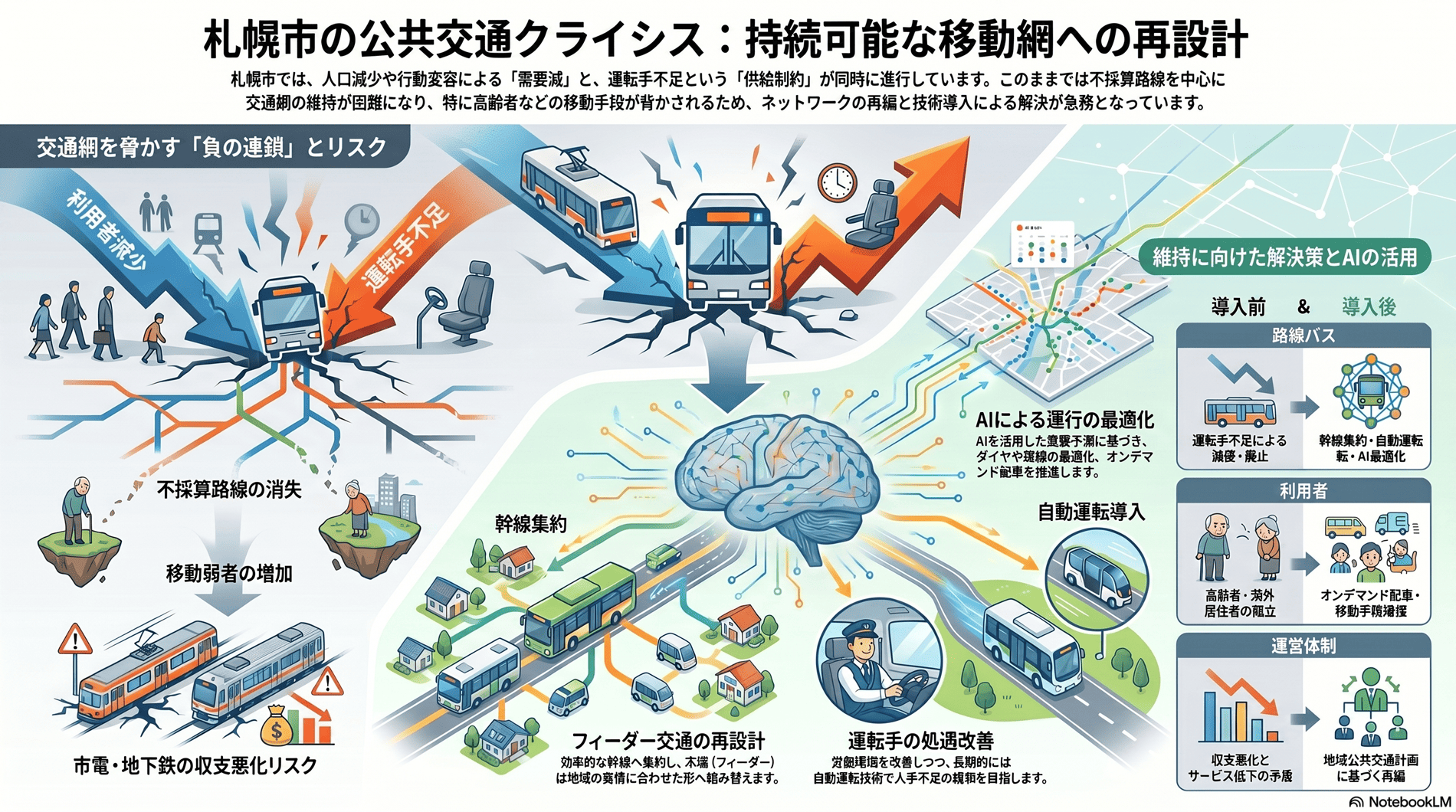 公共交通の利用者減と運転手不足の要約インフォグラフィック