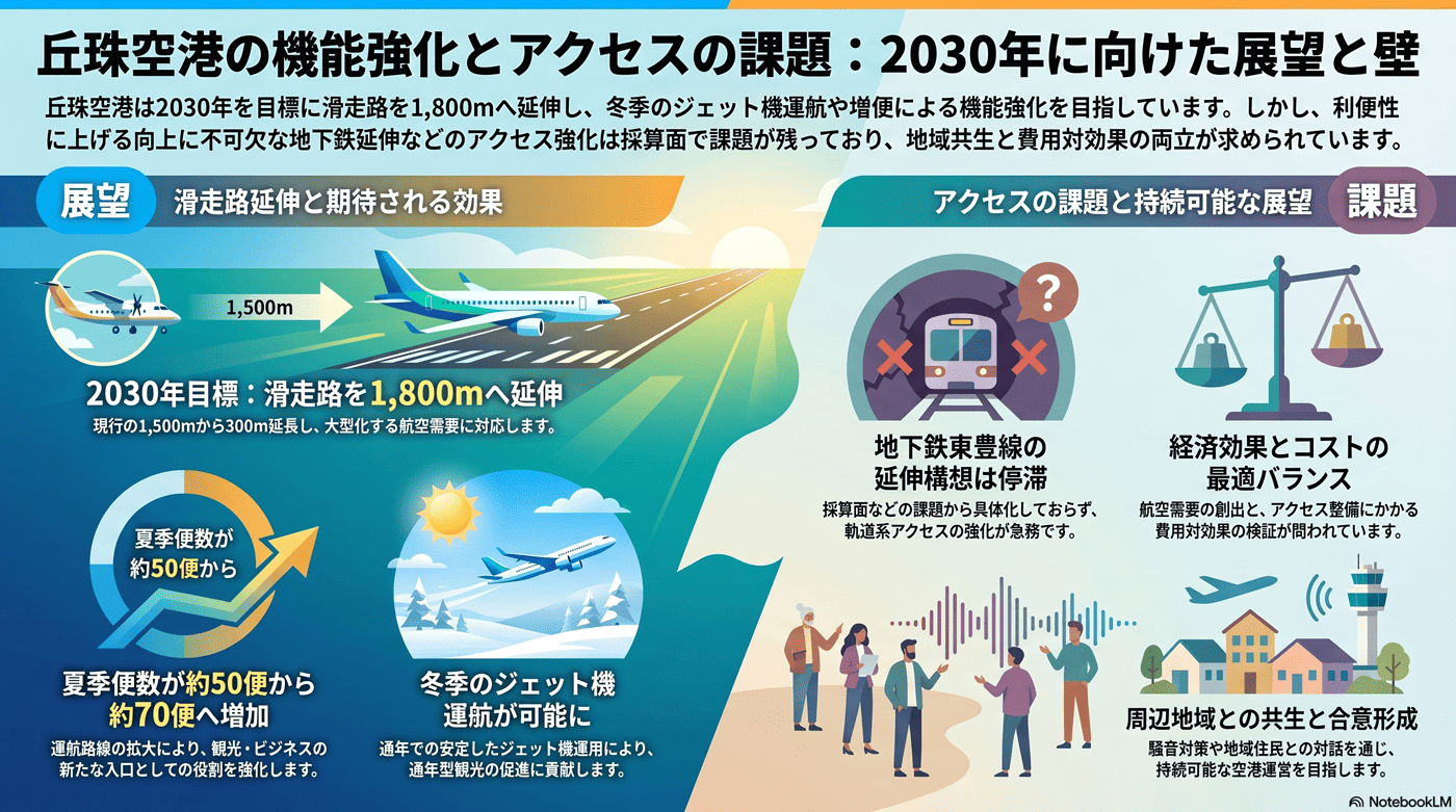丘珠地区のアクセスと丘珠空港の機能強化の要約インフォグラフィック